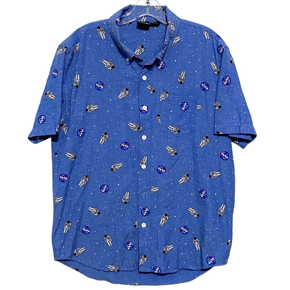 NASA Space Astronaut Mad Engine Oxford Blue Button Shirt Mens M All Over Print - Picture 1 of 8
